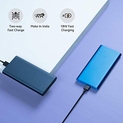 MI 10000mAh 3i Lithium Polymer Power Bank Dual Input(Micro-USB and Type C) and Output Ports 18W Fast Charging (Metallic Blue) image 1