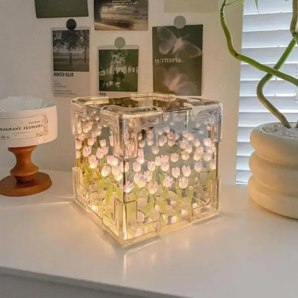 Tulip Night Light Lamp | Cute Flower Bedroom Sleeping Lamp DIY Cube Tulip Lamp | Mirror Tulip Night Light Desk Ornaments for Bedroom (1 Psc) image 7