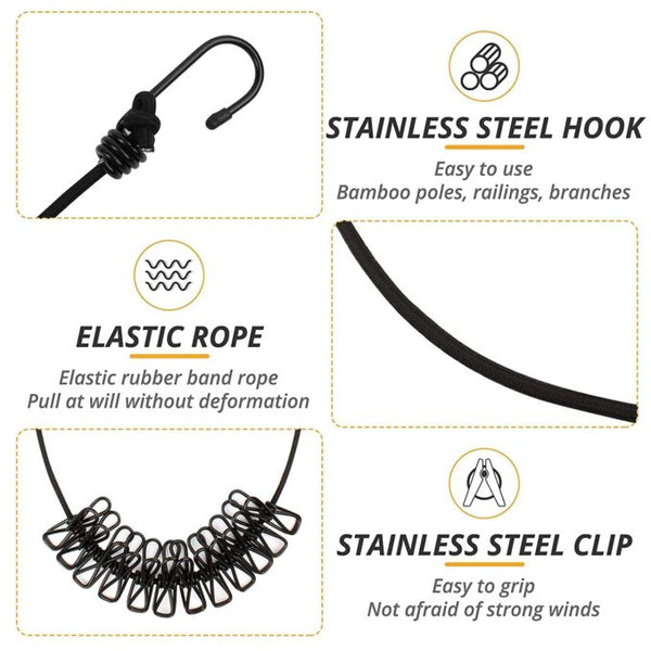 Portable Multi Functional Drying Rope with 12 Clips and 2 Hooks Durable Portable Outdoor Travel Clothesline Rope Clothes Hanging Hook (Multicolor) image 2