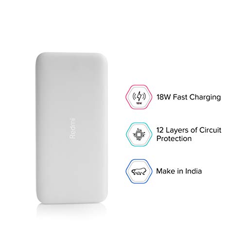 Redmi 20000mAh Li-Polymer Power Bank, USB Type C and Micro USB Ports, 18W Fast Charging, Low Power Mode, White image 1