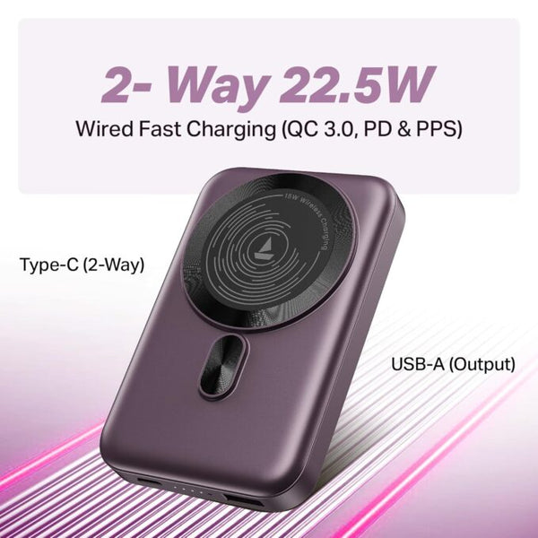 Boat EnergyShroom PB331 (Magsafe) 10000mAh Magnetic Wireless Powerbank, 15W Wireless & 22.5W Wired Charging for (iPhone 16, 15, 14, 13 & 12, Android & Other Qi Enabled Devices) (Purple) image 1