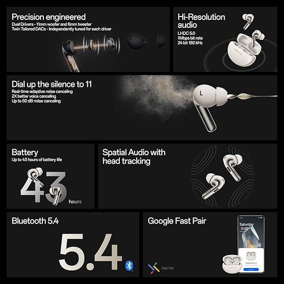 OnePlus Buds Pro 3 Bluetooth TWS in-Ear Buds – Dual Drivers, Dual DACs, Dynaudio EQs, AI-Powered Translator, Up to 50dB Adaptive Noise Cancellation, Up to 43Hrs Battery.