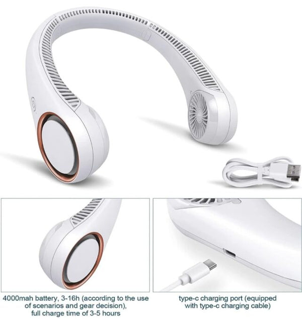 Hanging Neck Fan - 3 Adjustable Gears - Power Button & Fan Speed Selection | Type C USB Port Input | Dual Motor Hands-Free Cooling image 3