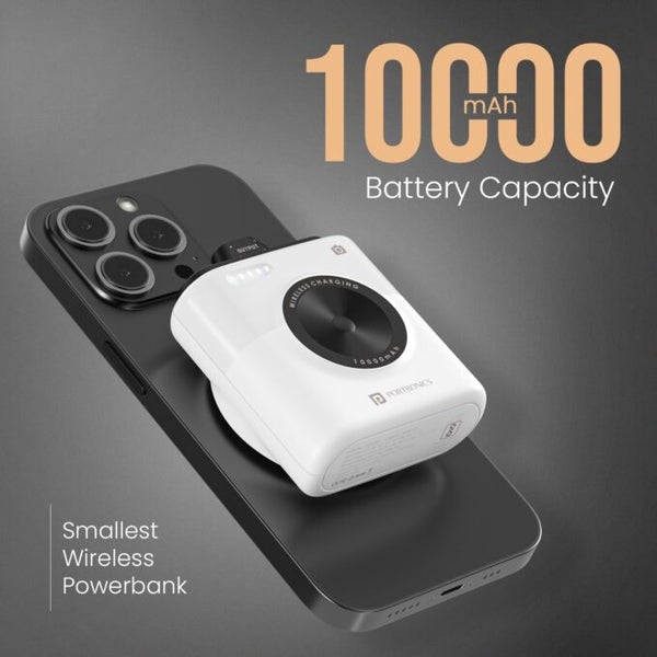 Portronics Moji 10K Smallest Wireless 10000Mah Fast Charging Power Bank with Detachable USB Type-C Cable, Strong Magnet, 20W Wired Output, for iPhone 12 & Above, Android & All Qi Enabled Devices image 2