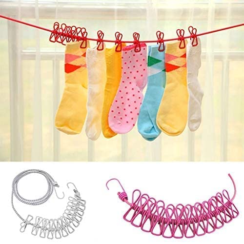 Portable Multi Functional Drying Rope with 12 Clips and 2 Hooks Durable Portable Outdoor Travel Clothesline Rope Clothes Hanging Hook (Multicolor) image 1
