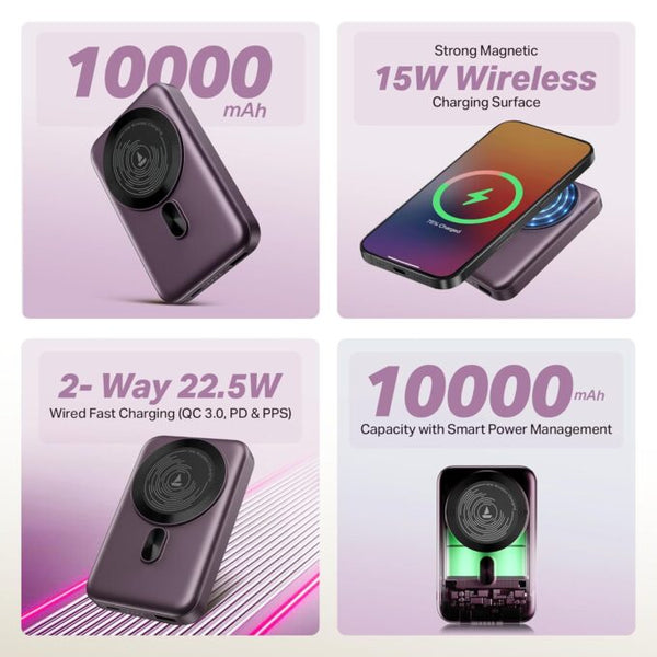 Boat EnergyShroom PB331 (Magsafe) 10000mAh Magnetic Wireless Powerbank, 15W Wireless & 22.5W Wired Charging for (iPhone 16, 15, 14, 13 & 12, Android & Other Qi Enabled Devices) (Purple) image 6