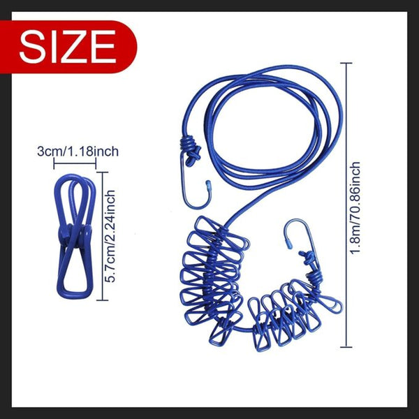 Portable Multi Functional Drying Rope with 12 Clips and 2 Hooks Durable Portable Outdoor Travel Clothesline Rope Clothes Hanging Hook (Multicolor) image 6