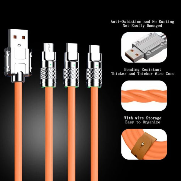 120W 3A Super Fast Charger - 3-in-1 Zinc Alloy Charger Cable with Type C, Liquid Silicone, and Micro USB - Ultimate Charging Solution image 3