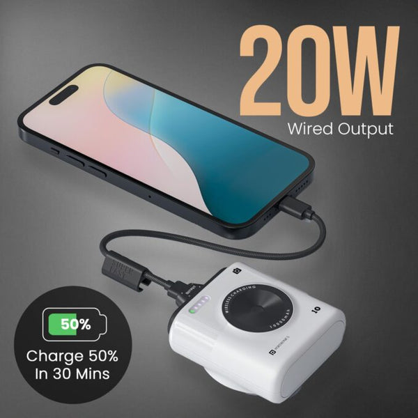 Portronics Moji 10K Smallest Wireless 10000Mah Fast Charging Power Bank with Detachable USB Type-C Cable, Strong Magnet, 20W Wired Output, for iPhone 12 & Above, Android & All Qi Enabled Devices image 1