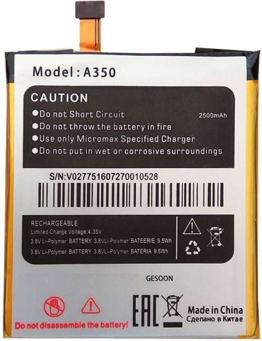 Original Compatible Battery For Micromax Canvas KnightA3502500mAh Genuine Battery image 0