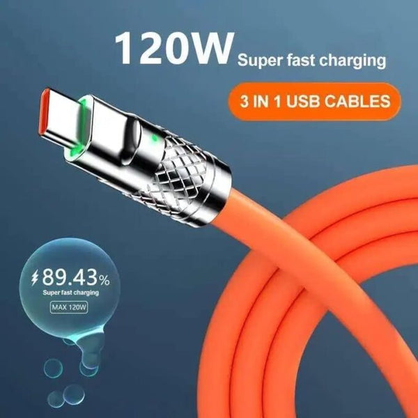 120W 3A Super Fast Charger - 3-in-1 Zinc Alloy Charger Cable with Type C, Liquid Silicone, and Micro USB - Ultimate Charging Solution image 4