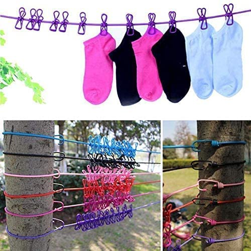 Portable Multi Functional Drying Rope with 12 Clips and 2 Hooks Durable Portable Outdoor Travel Clothesline Rope Clothes Hanging Hook (Multicolor) image 3