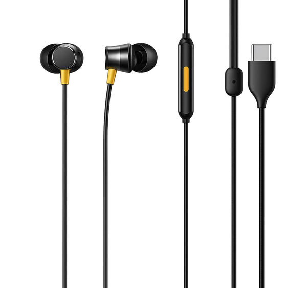 [Original] Real me Buds 3 Type-C Wired Earphones - Heavy Bass In-Ear Headphones with HD Mic for Real me GT Neo 6, 12x, 11 Pro+, Narzo 60 - Tangle-Free Cable in Premium Yellow Retail Box (Black)
