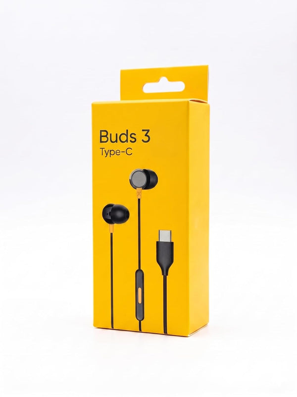 [Original] Real me Buds 3 Type-C Wired Earphones - Heavy Bass In-Ear Headphones with HD Mic for Real me GT Neo 6, 12x, 11 Pro+, Narzo 60 - Tangle-Free Cable in Premium Yellow Retail Box (Black)