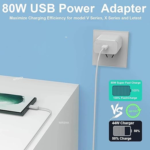 Vivo Original 80W Flash Charger with USB to Type C Cable Compatible with Vivo X200T, X300, X300 Pro, X200Fe, X200, X Fold 5, X Fold 3 Pro, X100, X90, X90 Pro, Y18, Y28, V70
