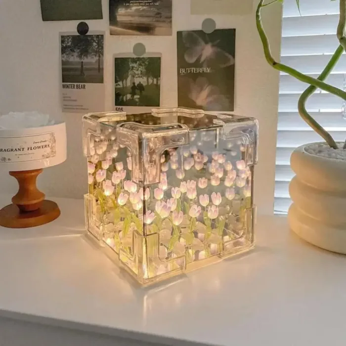 Tulip Night Light Lamp | Cute Flower Bedroom Sleeping Lamp DIY Cube Tulip Lamp | Mirror Tulip Night Light Desk Ornaments for Bedroom (1 Psc) - Image 8