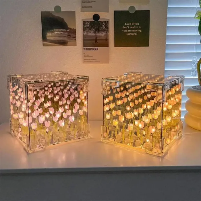 Tulip Night Light Lamp | Cute Flower Bedroom Sleeping Lamp DIY Cube Tulip Lamp | Mirror Tulip Night Light Desk Ornaments for Bedroom (1 Psc) - Image 7