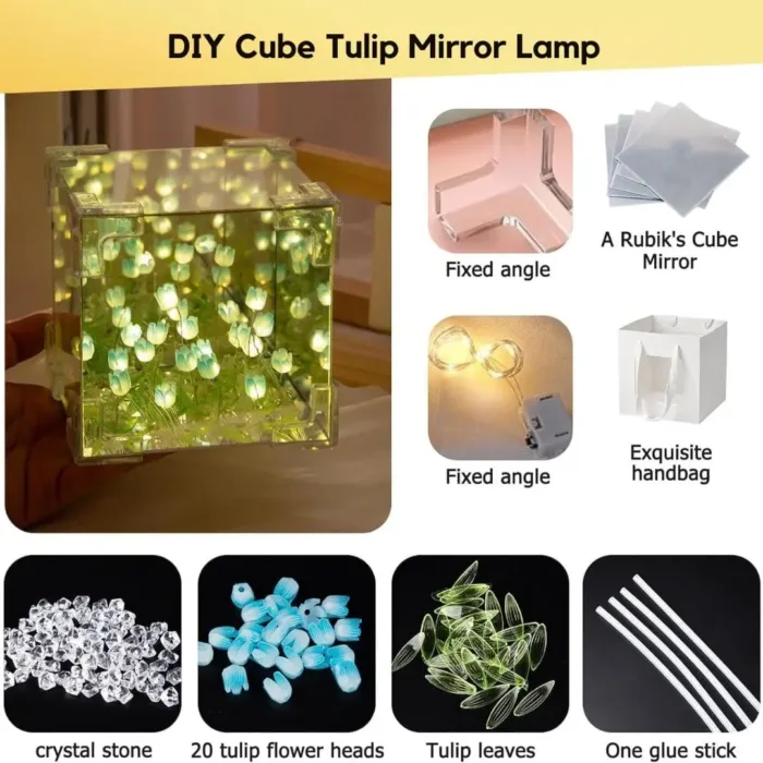 Tulip Night Light Lamp | Cute Flower Bedroom Sleeping Lamp DIY Cube Tulip Lamp | Mirror Tulip Night Light Desk Ornaments for Bedroom (1 Psc) - Image 6