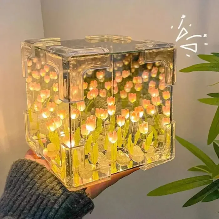 Tulip Night Light Lamp | Cute Flower Bedroom Sleeping Lamp DIY Cube Tulip Lamp | Mirror Tulip Night Light Desk Ornaments for Bedroom (1 Psc) - Image 2