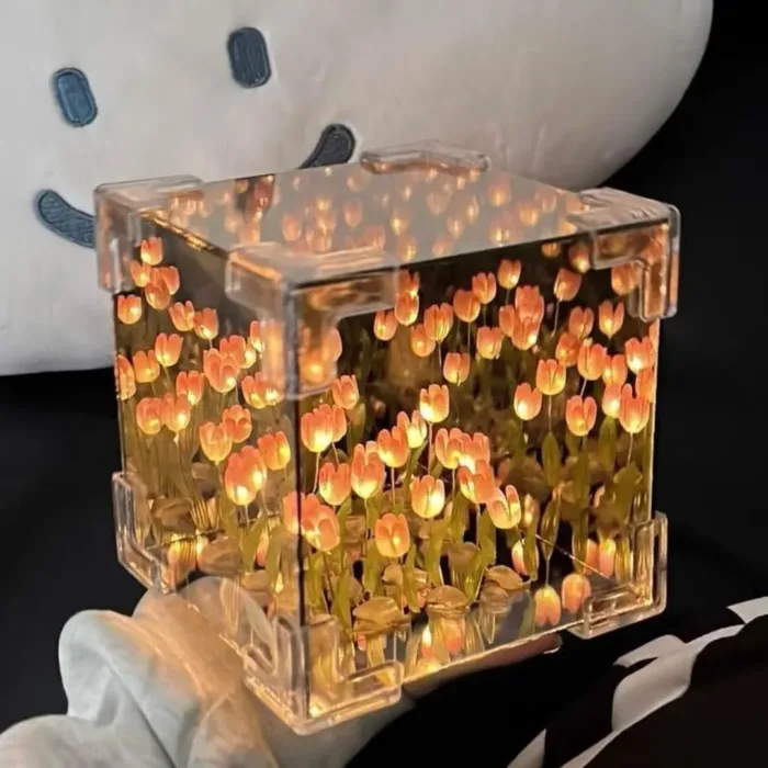 Tulip Night Light Lamp | Cute Flower Bedroom Sleeping Lamp DIY Cube Tulip Lamp | Mirror Tulip Night Light Desk Ornaments for Bedroom (1 Psc)