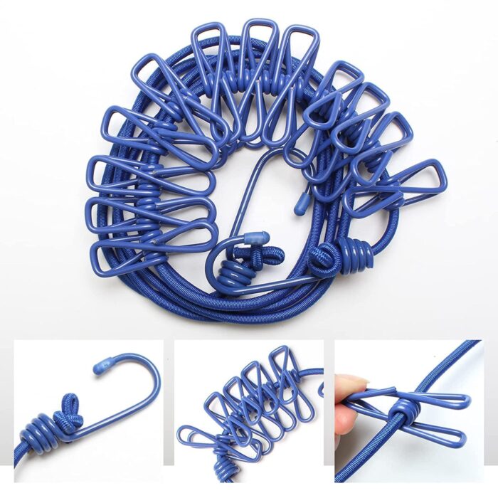 Portable Multi Functional Drying Rope with 12 Clips and 2 Hooks Durable Portable Outdoor Travel Clothesline Rope Clothes Hanging Hook (Multicolor)